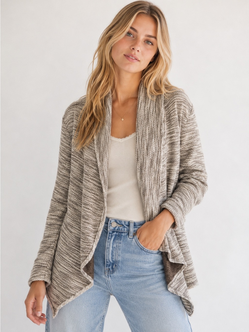 ARIAT Swell Open Front Cardigan Gray Space Dye Waterfall Drape Knit (Size M)